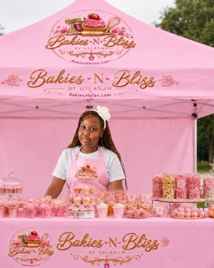 Gilanah, founder of Bakies N Bliss, at her pink dessert table